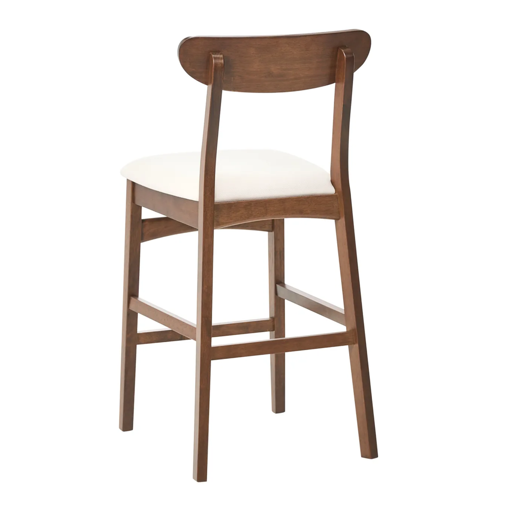 A wooden counter stool with a medium brown wood frame, a curved backrest, and a cream-colored upholstered seat cushion, shown against a plain white background.