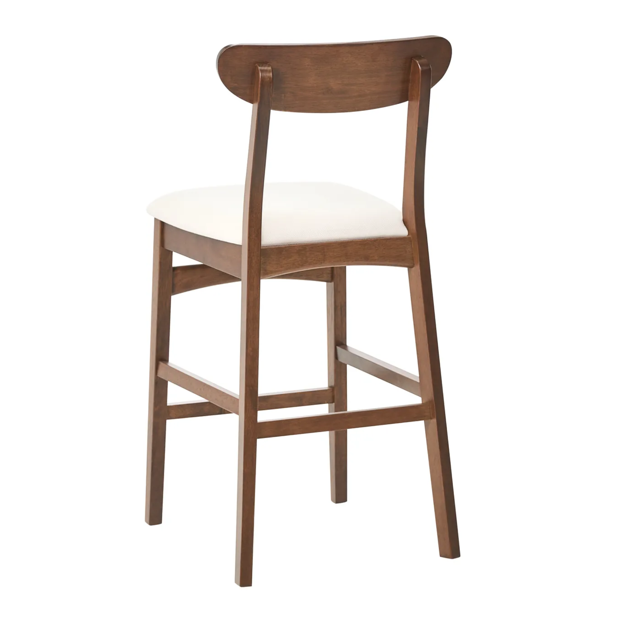 A wooden counter stool with a medium brown wood frame, a curved backrest, and a cream-colored upholstered seat cushion, shown against a plain white background.