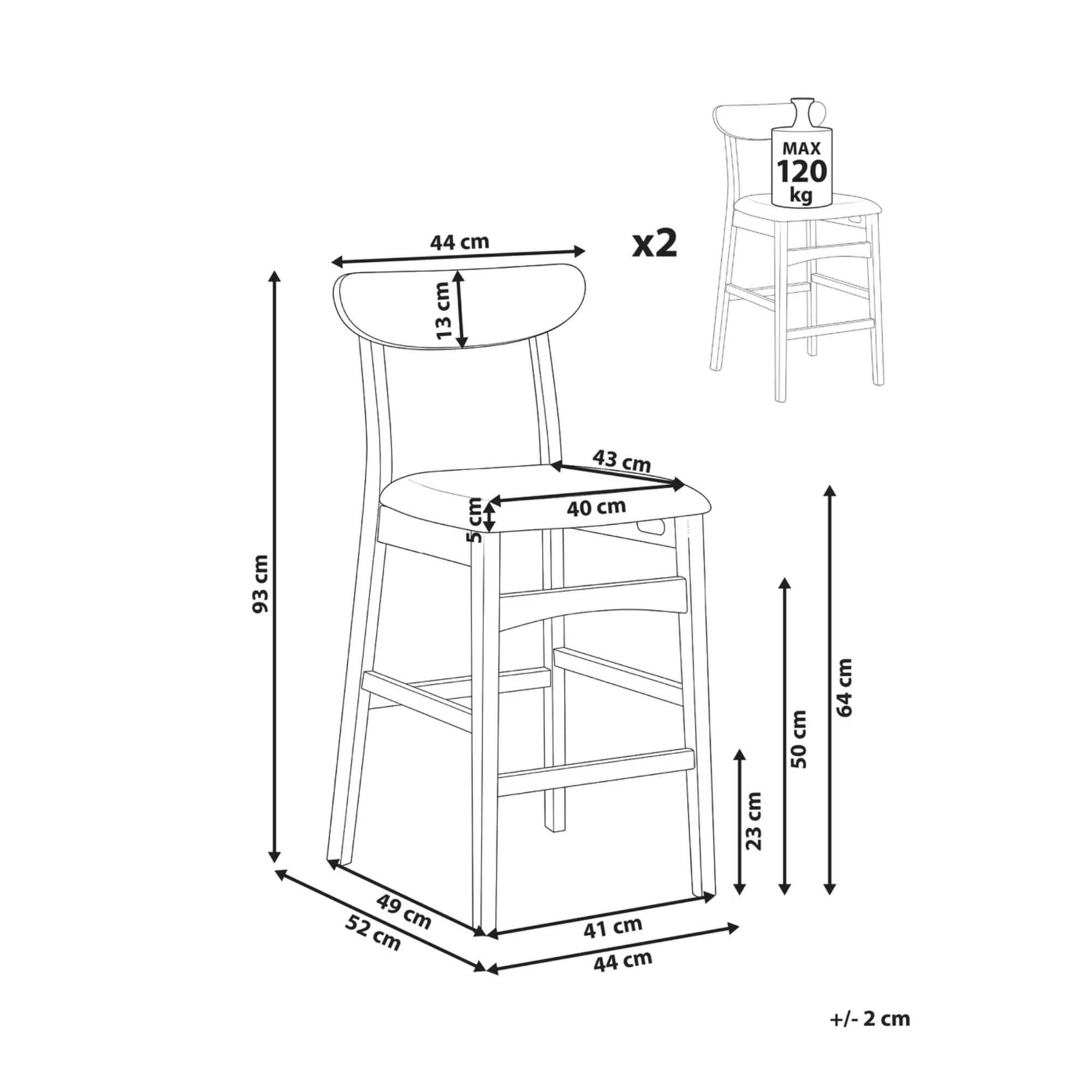 A dimension diagram of a wooden bar stool with measurements labeled in centimeters, including height, seat width, backrest width, and leg spread. A small inset at the top right shows the stool from the back with a weight capacity note reading MAX 120 kg.