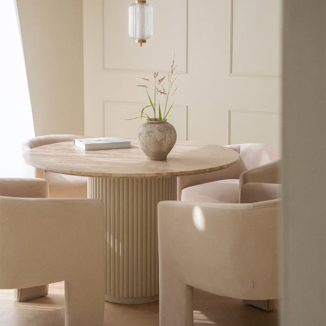 Travertine Dining Room Table with a vase of flowers in a room with beige walls and chairs.