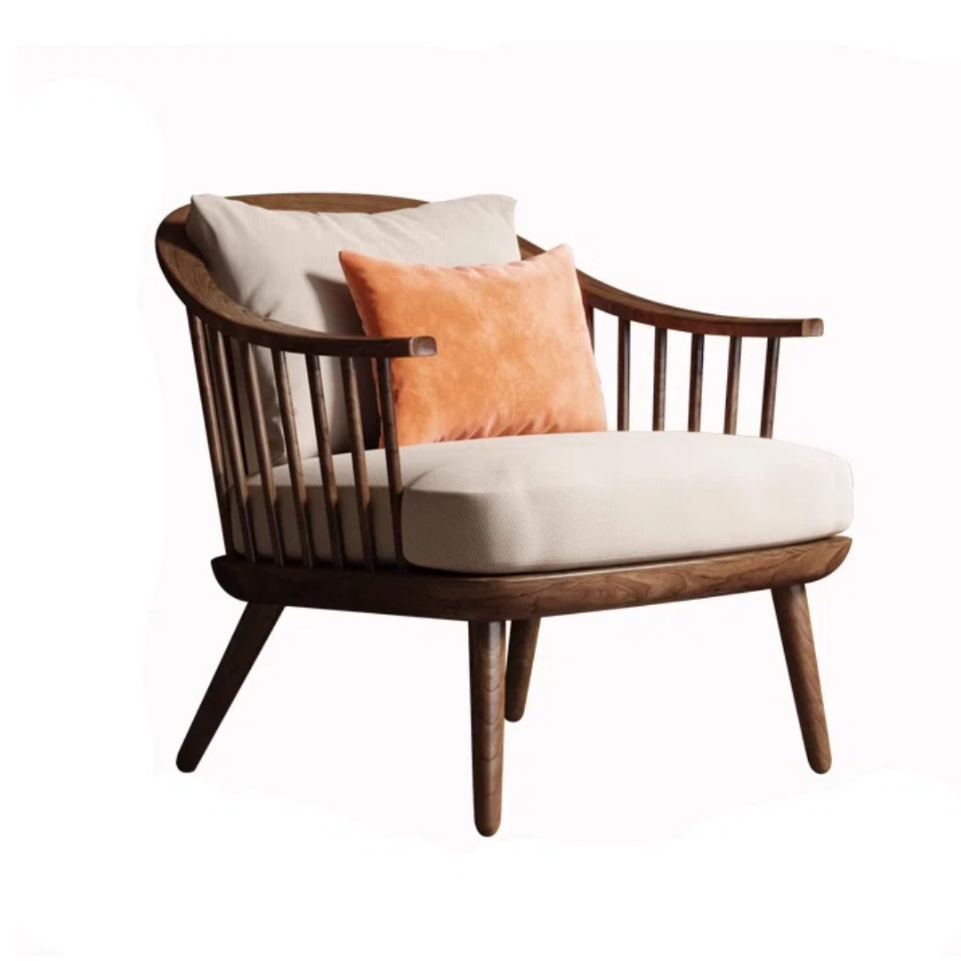 Wooden dark walnut spindle chair with white cushion and orange pillow on a white background