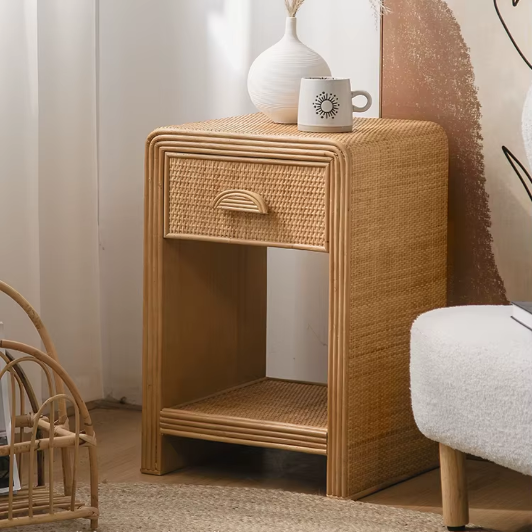 Narrow Wooden Rattan Bedside Table With One Drawer and a mug on top, in a home setting.
