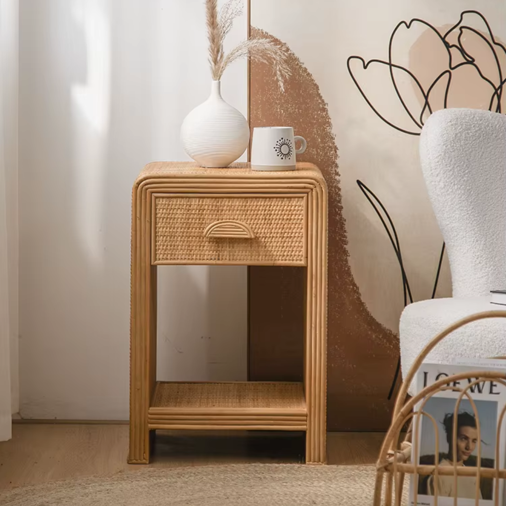 Narrow Wooden Rattan Bedside Table With One Drawer with a white vase and mug against a decorative wall.