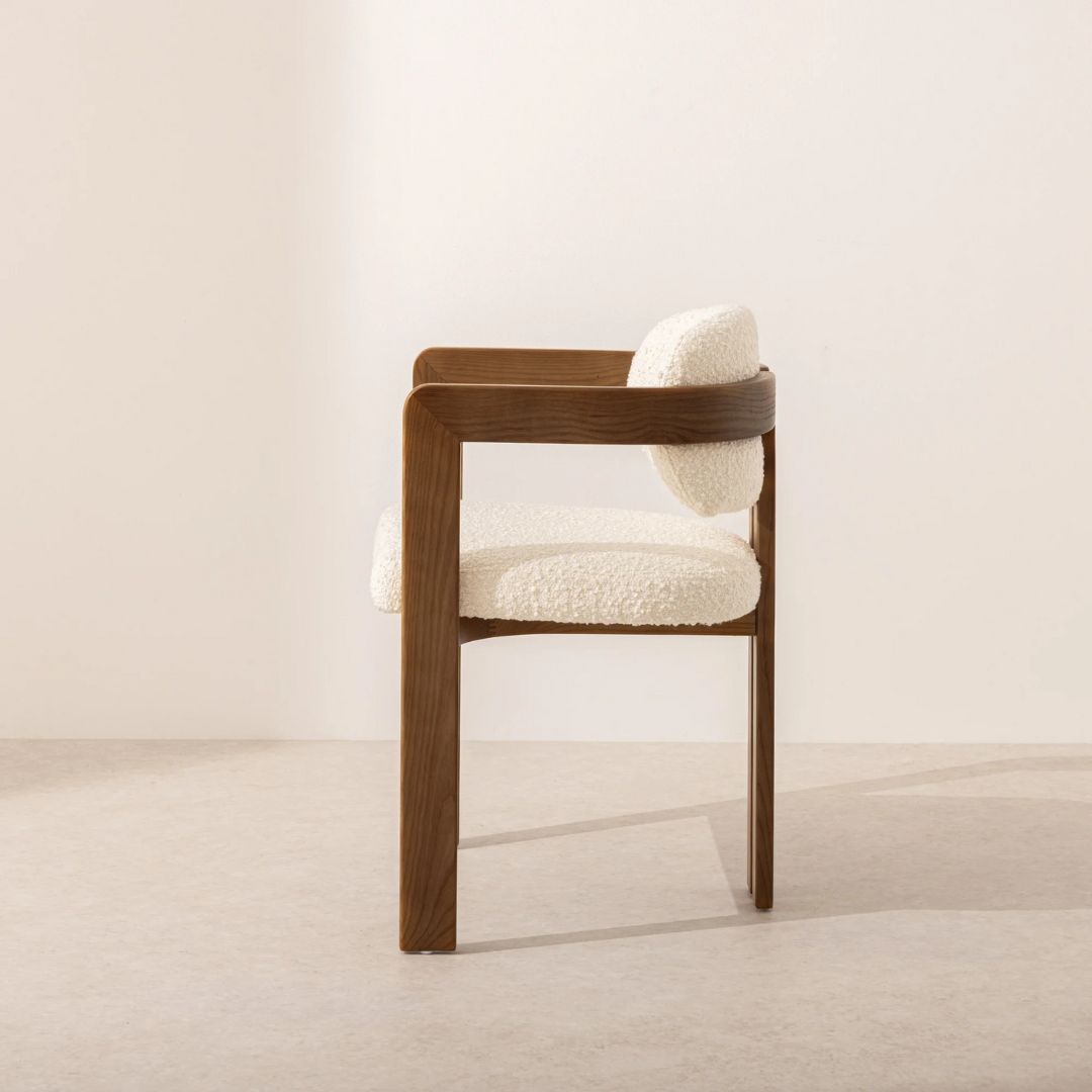 Walnut Boucle Curved Dining Room Chair side view