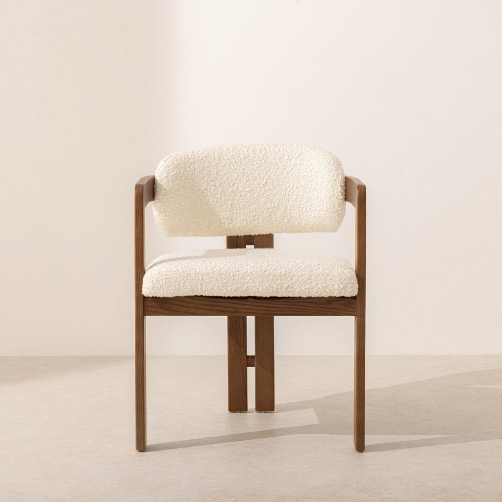 Walnut Boucle Curved Dining Room Chair front view