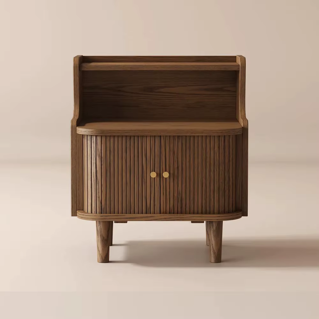 Walnut Ribbed Bedside Table With Sliding Door with a beige background