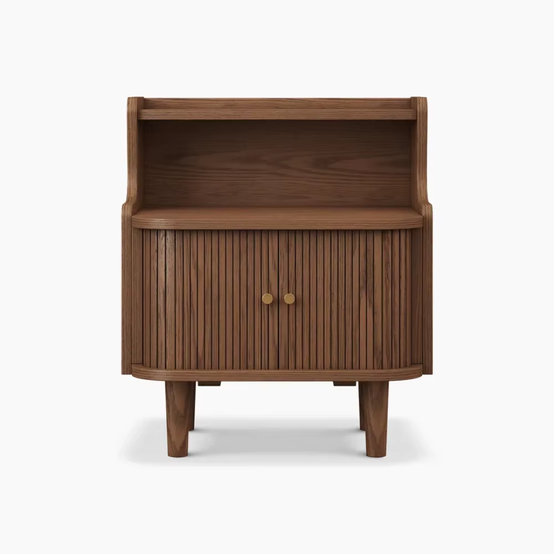 Walnut Ribbed Bedside Table With Sliding Door with a white background