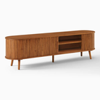 Fluted Walnut TV Unit with Sliding Doors with a white background