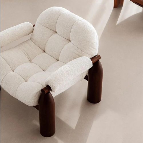 White Fabric Statement Accent Chair With Walnut Wood Frame