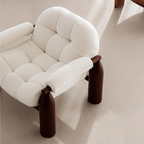 White Fabric Statement Accent Chair With Walnut Wood Frame