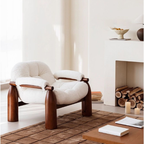 White Fabric Statement Accent Chair With Walnut Wood Frame