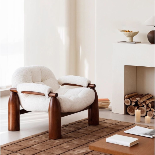 White Fabric Statement Accent Chair With Walnut Wood Frame