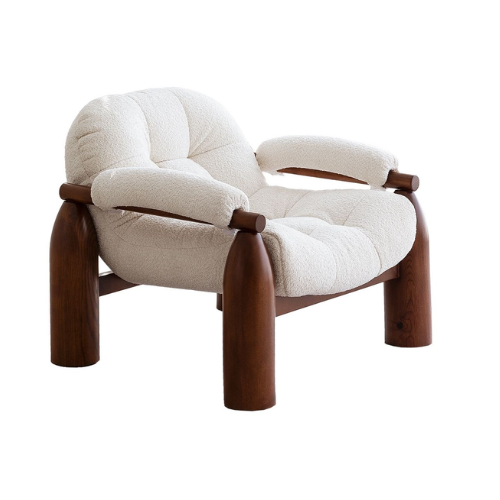 White cushioned chair with wooden frame on a white background