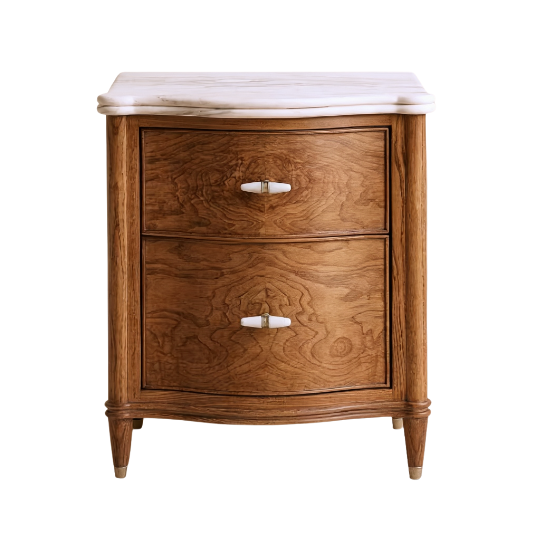 Walnut Bedside Table With Marble Top and Drawers on a white background