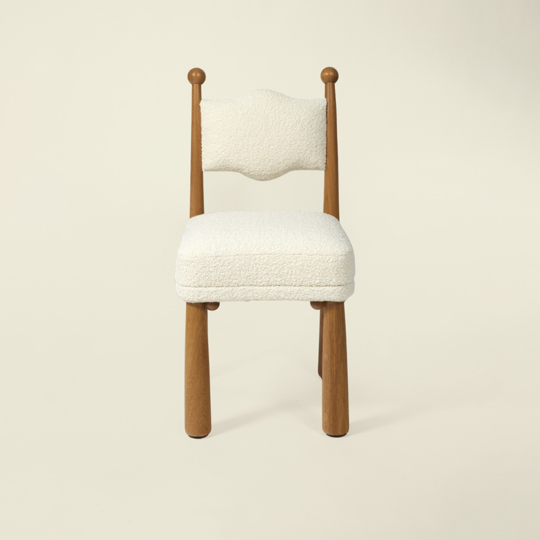 Wooden White Boucle Dining Chair With Rounded Legs