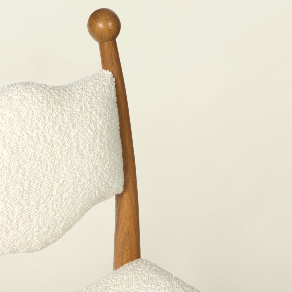 Wooden White Boucle Dining Chair With Rounded Legs