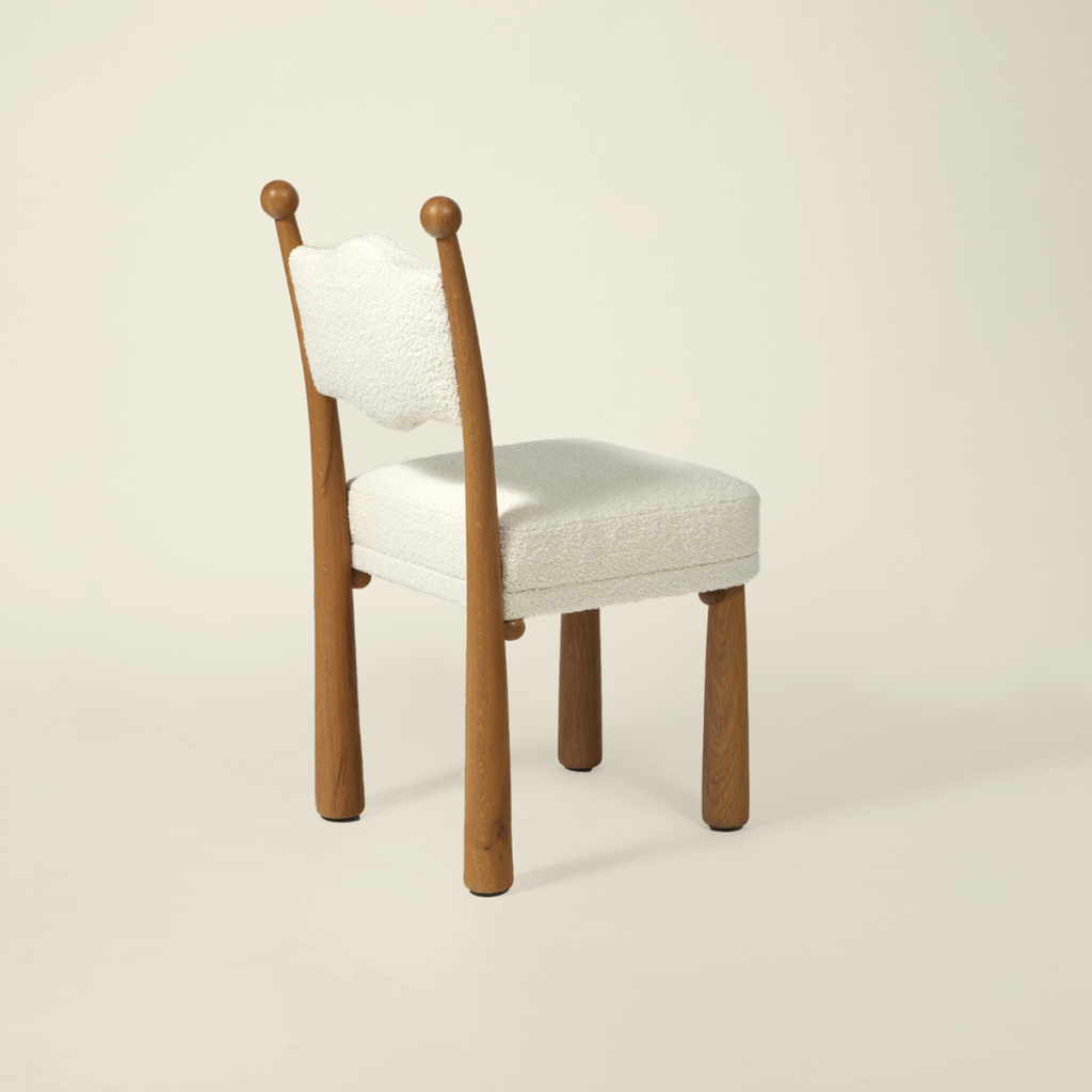 Wooden White Boucle Dining Chair With Rounded Legs