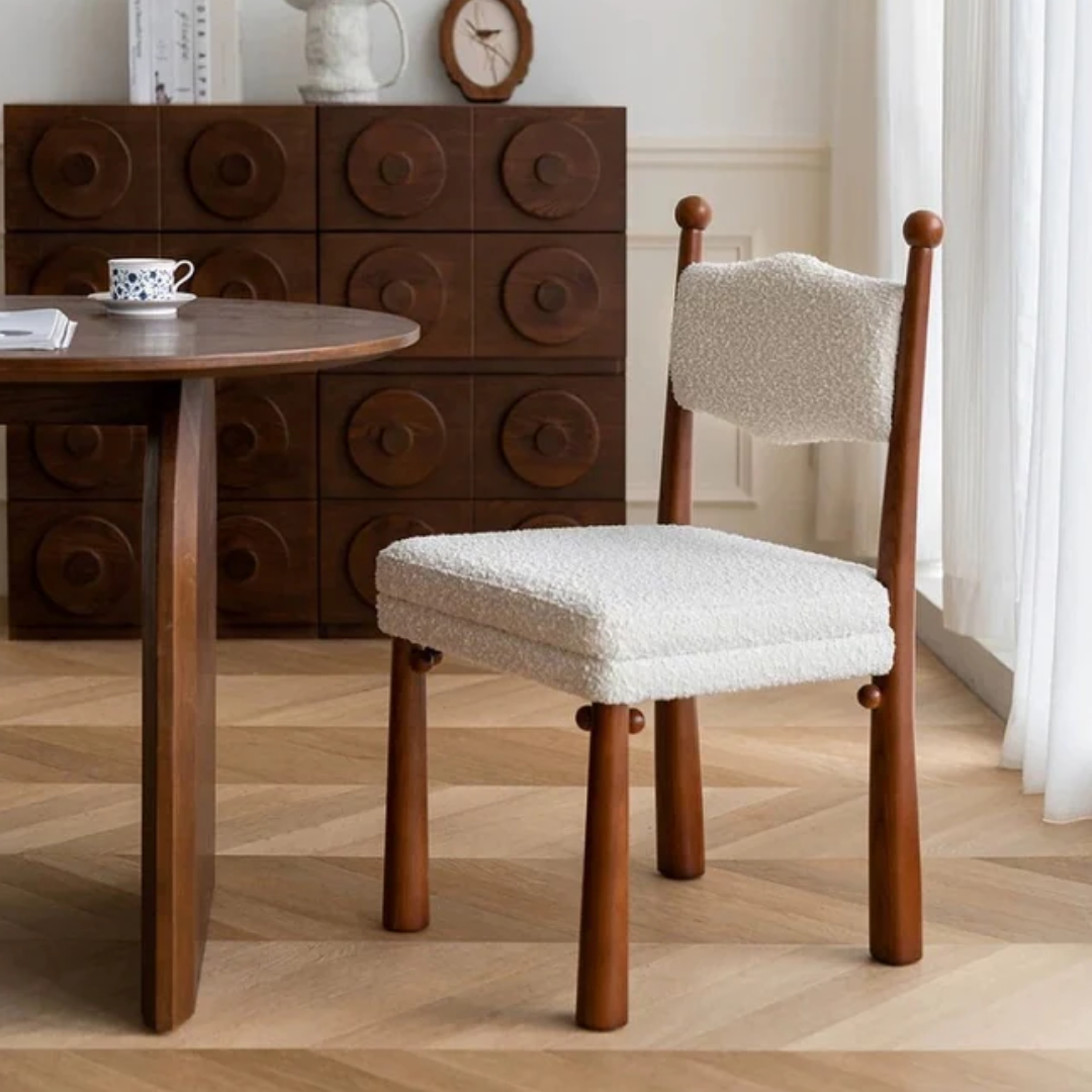 Wooden White Boucle Dining Chair With Rounded Legs