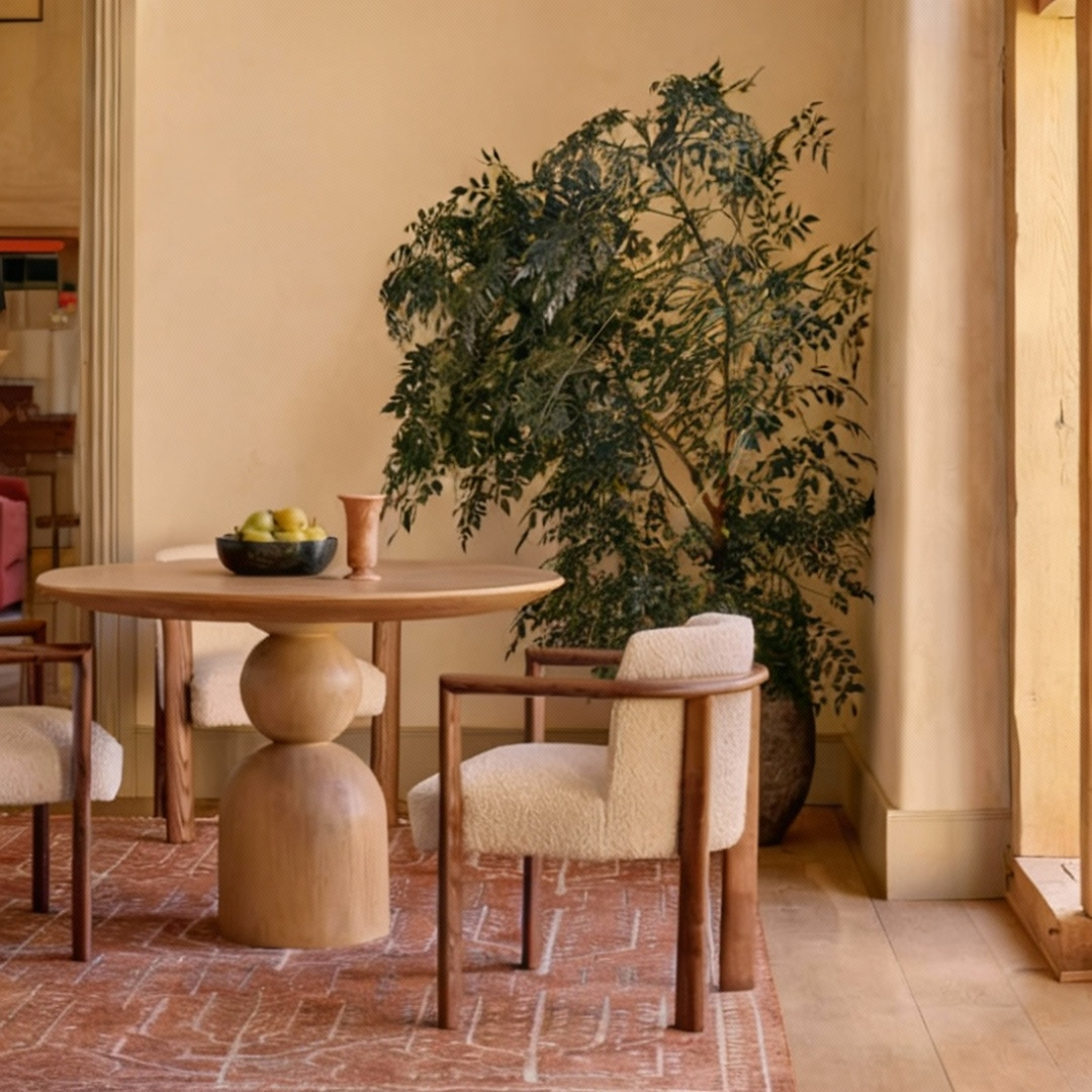 Dining area with Round Wooden Pedestal Dining Table and chairs, decorative plant, and textured wall.