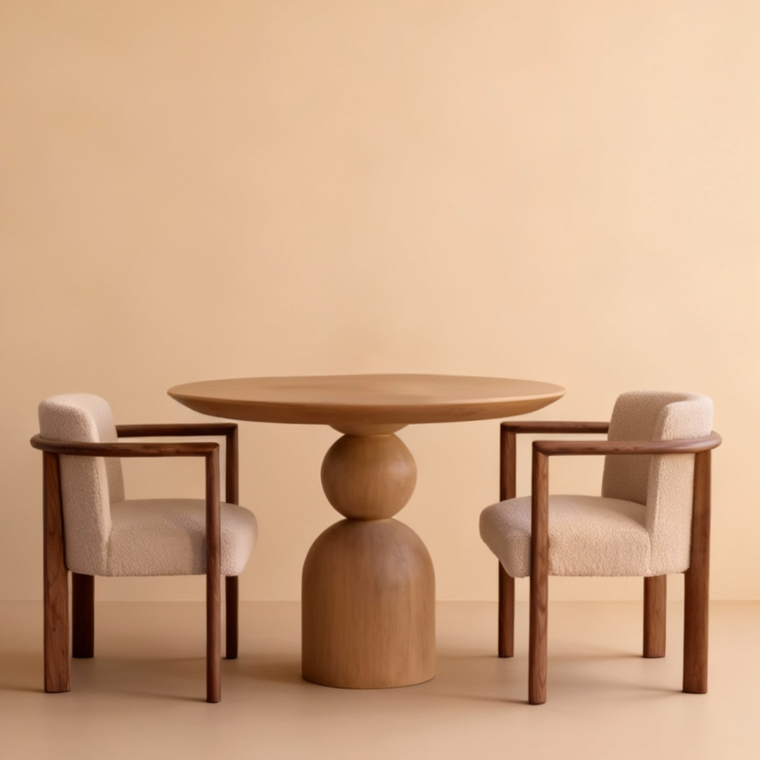 Round Wooden Pedestal Dining Table with two matching chairs against a beige background